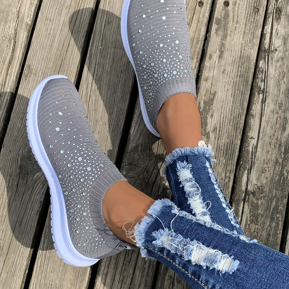 Women's Rhinestone Rainbow Color Block Breathable Mesh Sneakers - Image 5