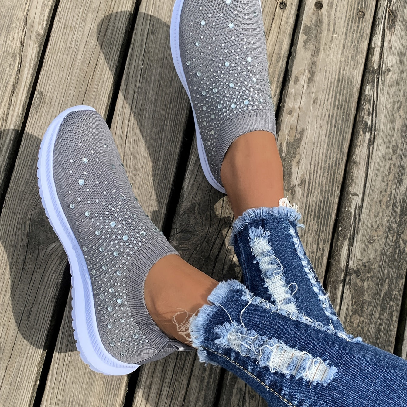 Women's Rhinestone Rainbow Color Block Breathable Mesh Sneakers - Image 5