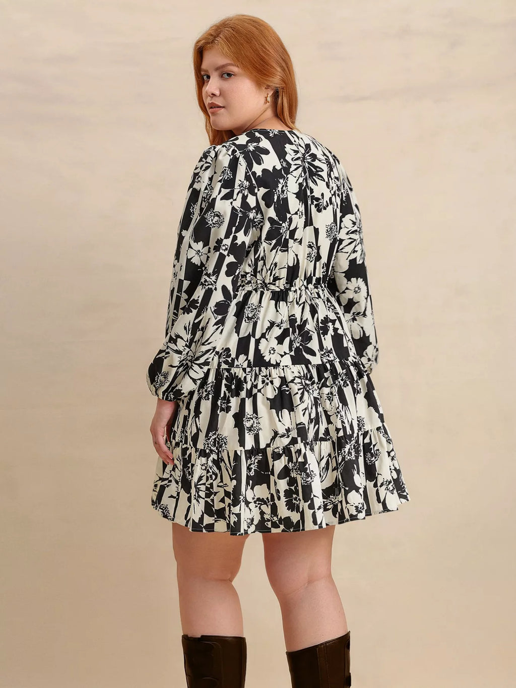 Plus Size Printed V-Neck Long Sleeve Mini Dress