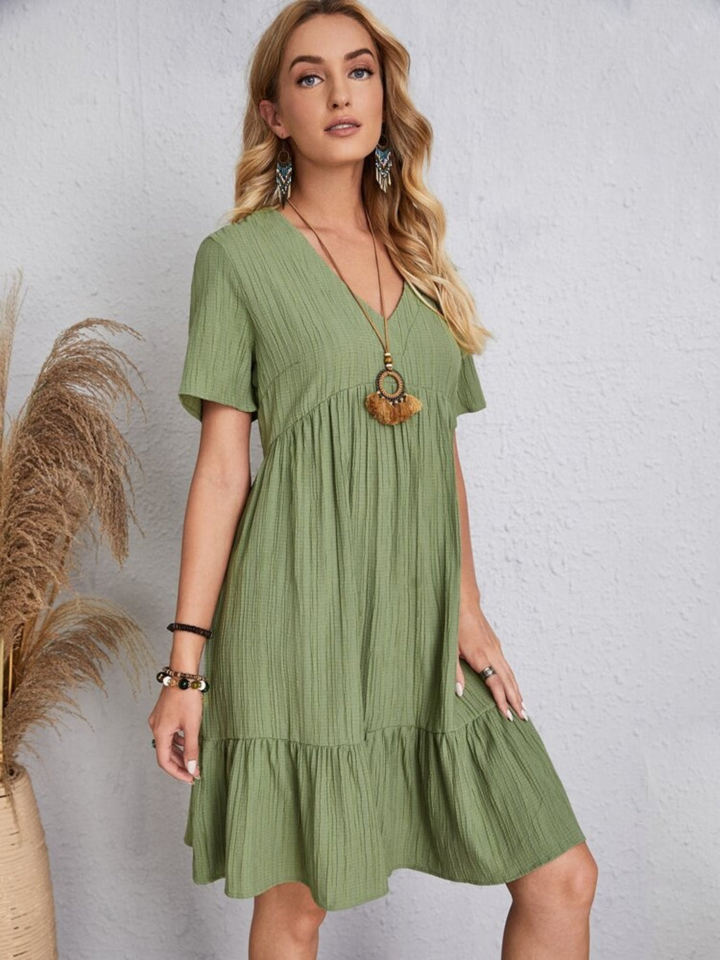 Classic V-Neck Short Sleeve Casual Midi Dress