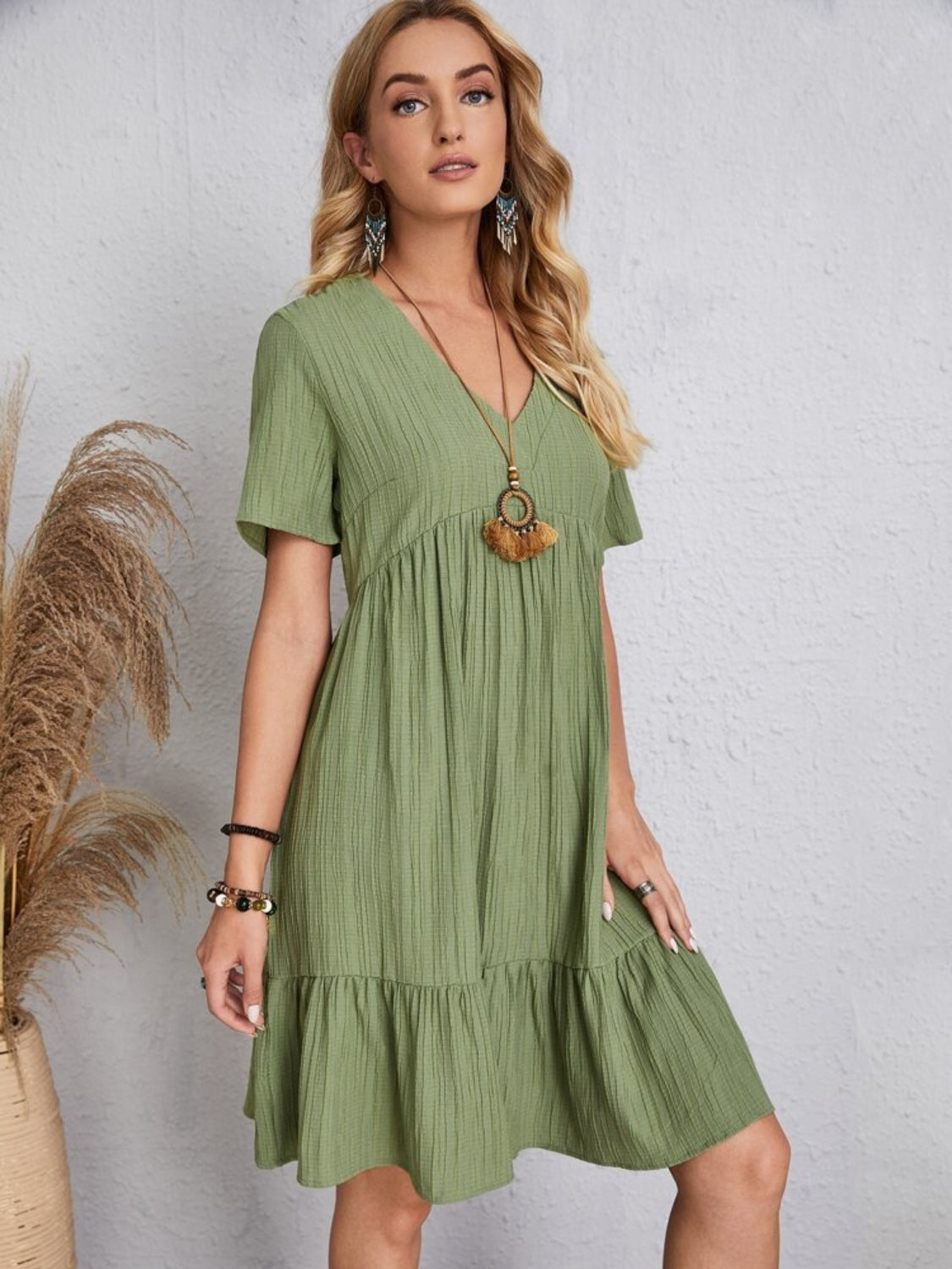 Classic V-Neck Short Sleeve Casual Midi Dress