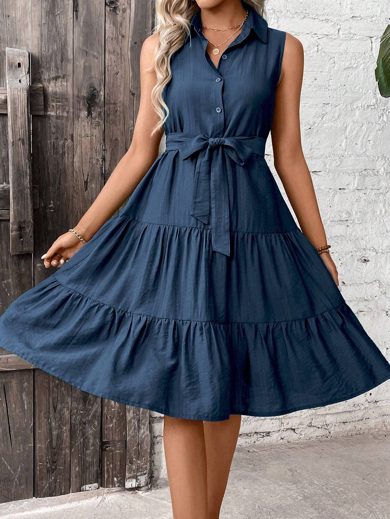 Women's Navy Blue Sleeveless Belted Ruffle Tiered Shirt Dress - Image 5