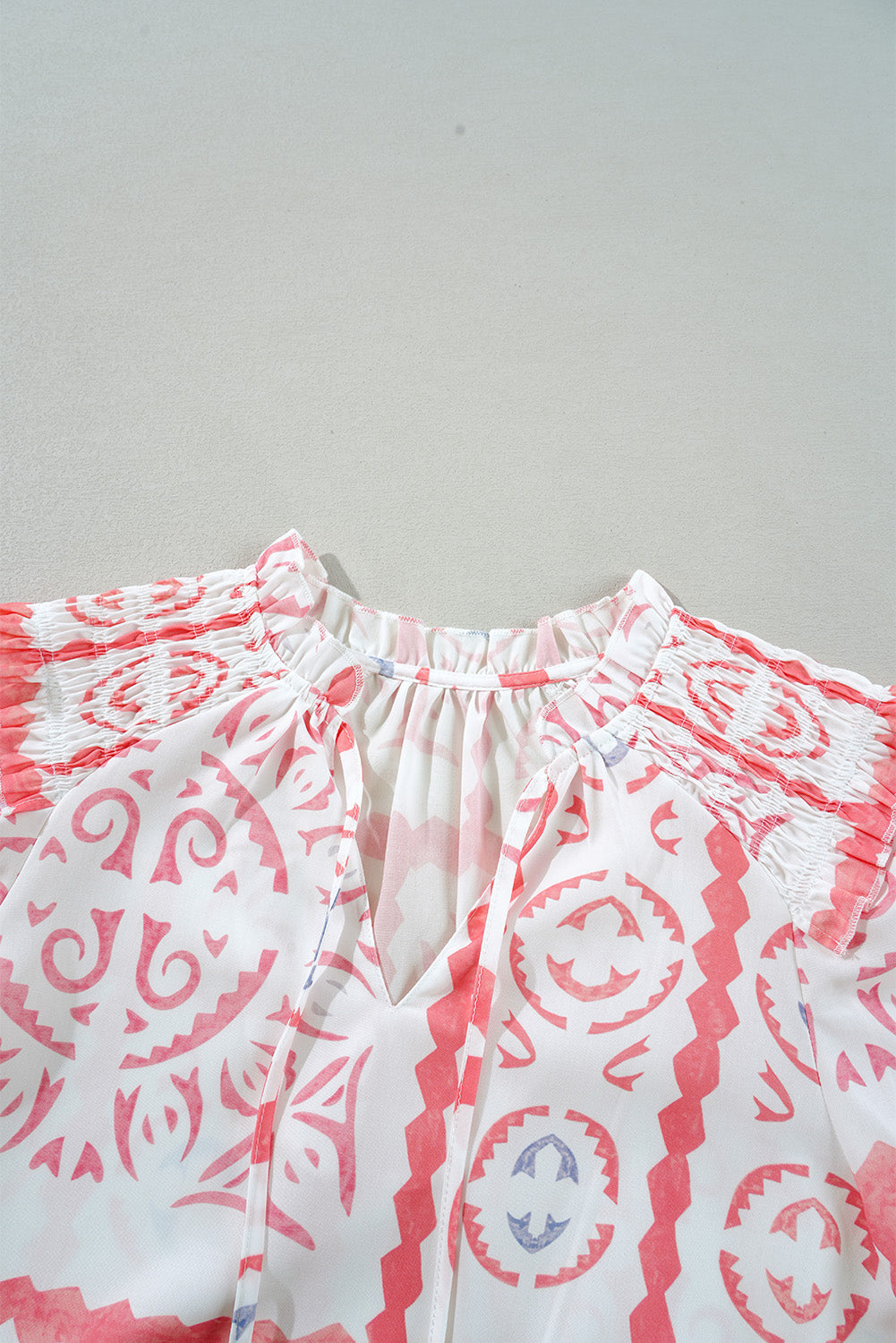Abstract Poet Collar Smocked Long Sleeve Blouse