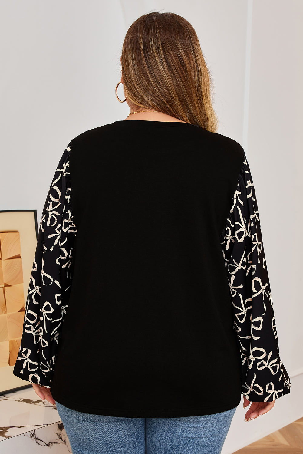 Plus Size Bow Tie Patchwork Long Sleeve Blouse