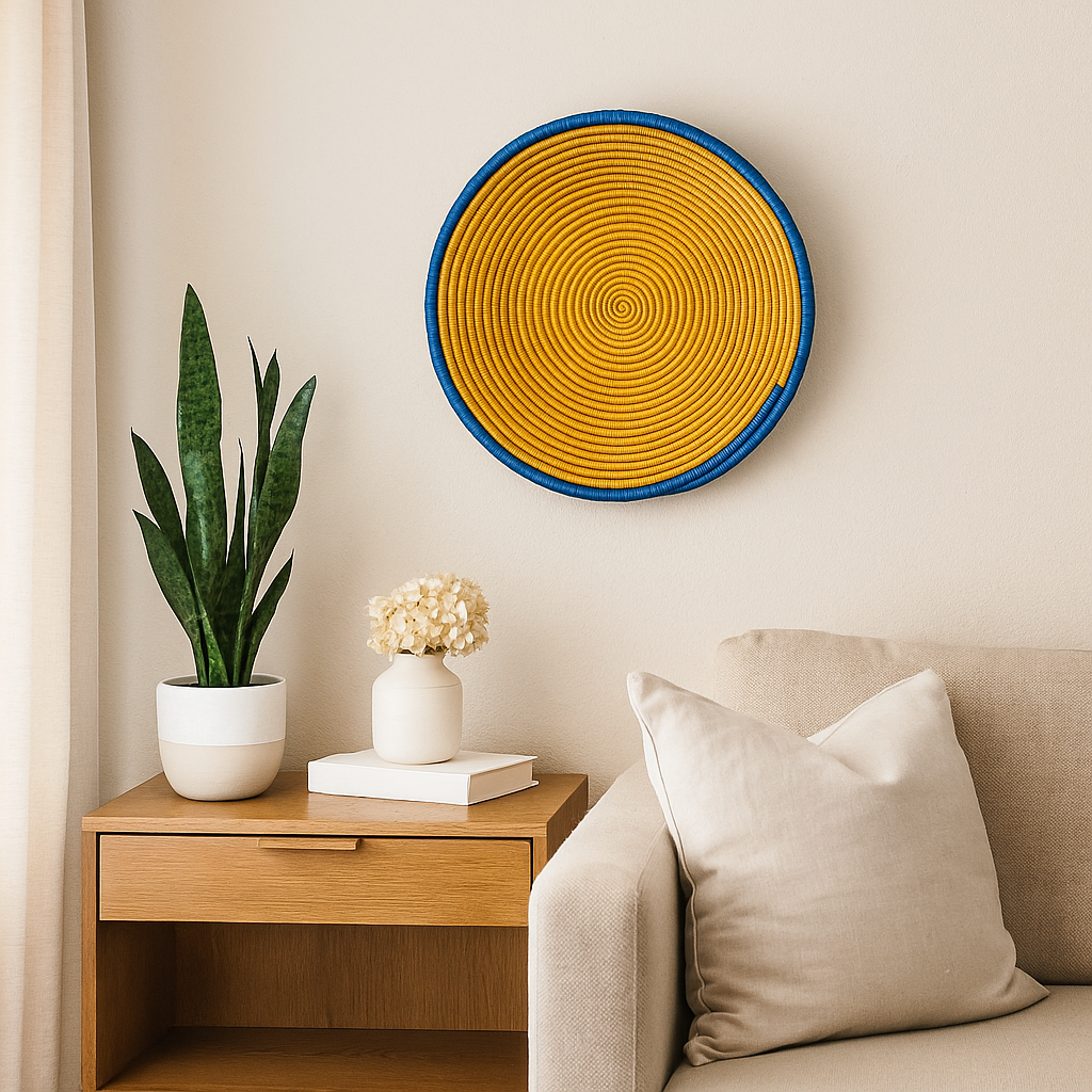 A round, hand-woven Ugandan wicker wall basket with a mustard yellow center and a cobalt blue geometric border.