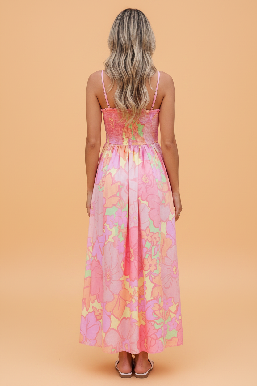 Floral Spaghetti Strap Shirred High Waist Bohemian Maxi Dress