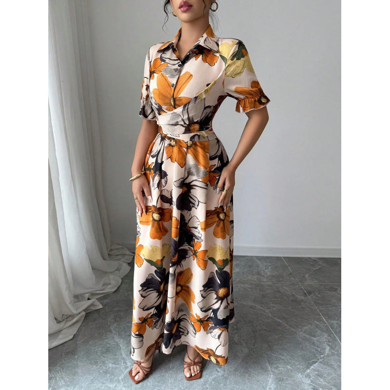 Women’s Printed Puff Sleeve Midi Dress with Cross-Tie Waist - Image 4