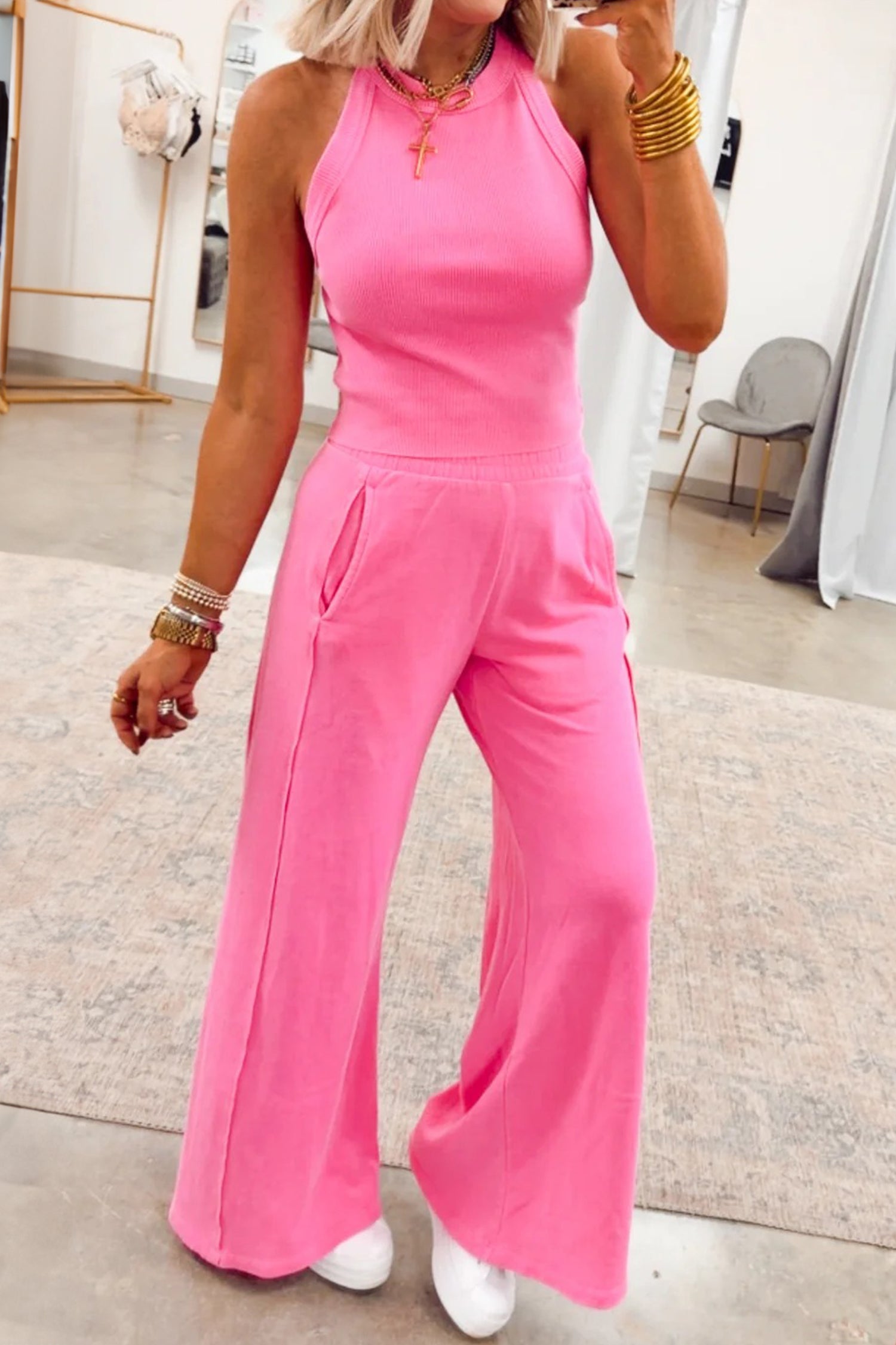 Sachet Pink Slim Ribbed Tank Top & Sweatpants Set