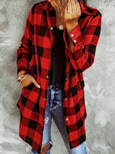Deep Red Plaid Collared Snap-Down Jacket with Pockets