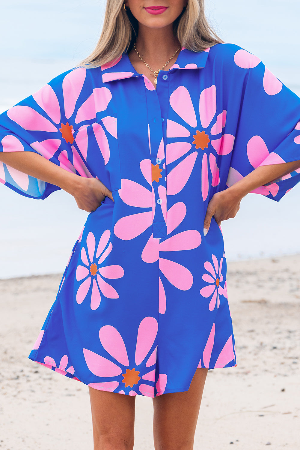 Blue Flower Print Shirt Collar Button Front Loose Romper