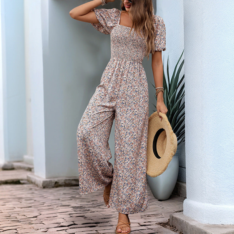 Floral Print Square Collar Puff Sleeve Jumpsuit for Vacation