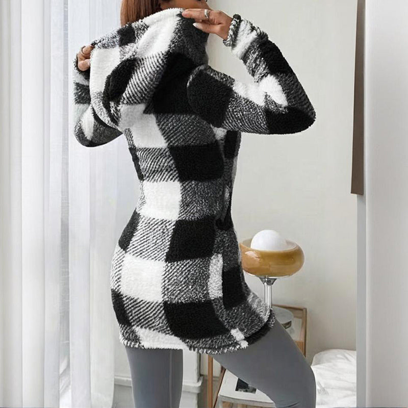 Women's Black and White Plaid Hooded Sherpa-Lined Long Coat - Image 5