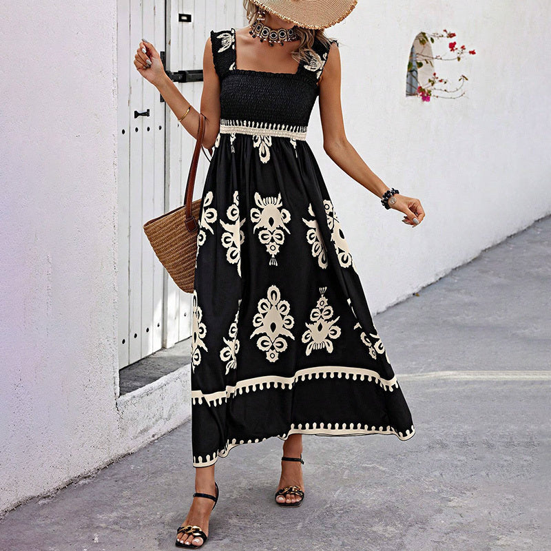 Women’s Wide Strap Printed Maxi Dress Boho Beach Vacation Style - Image 3