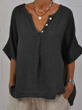 Women's Cotton Linen V-Neck Button-Up Shirt Casual Top - Image 6
