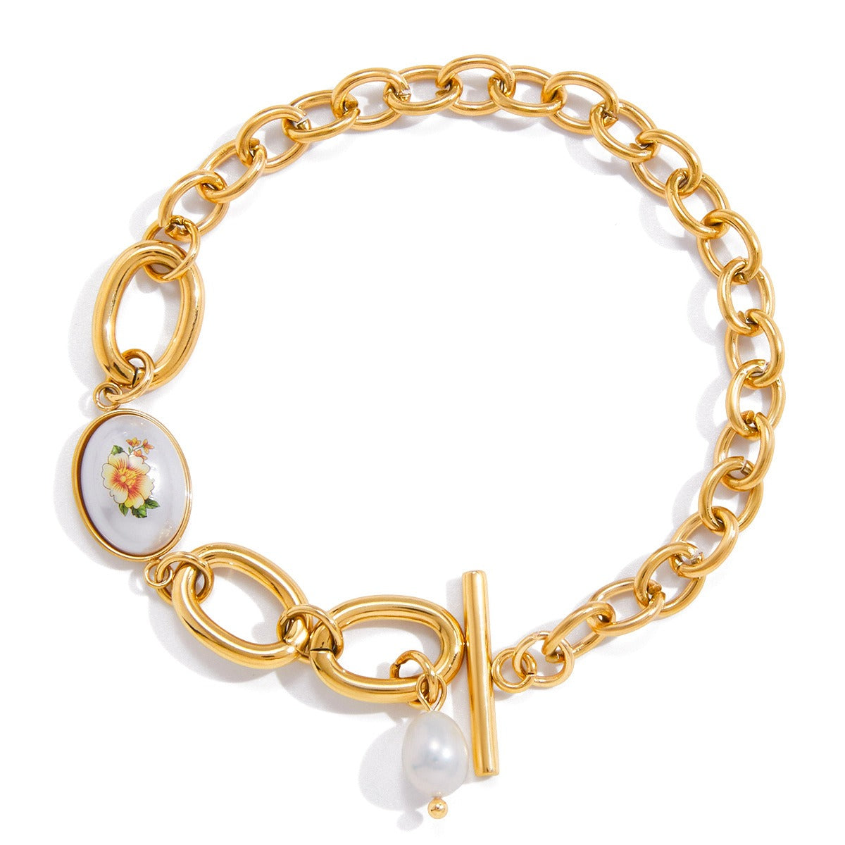 18K gold-plated titanium steel bracelet with a single freshwater pearl.