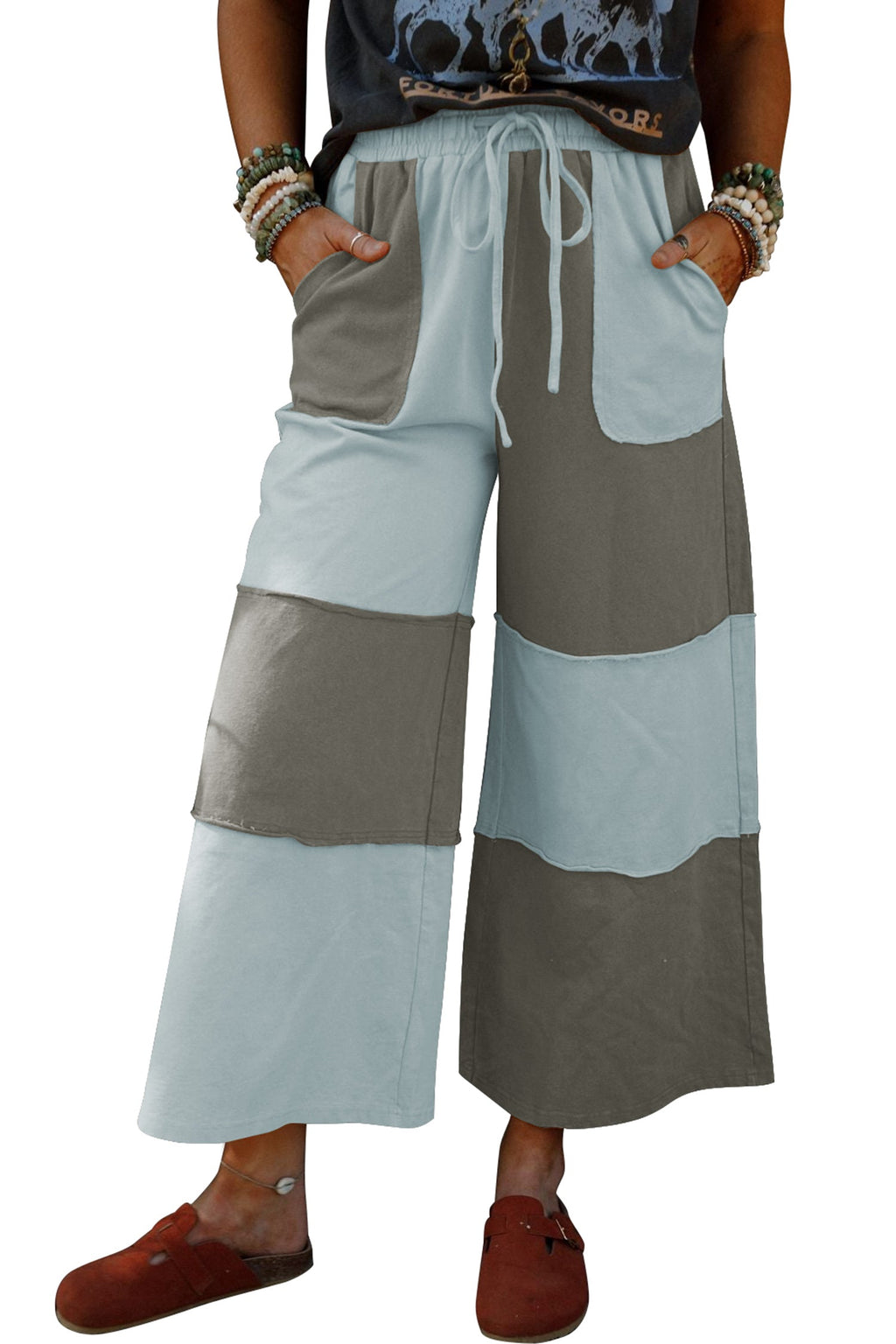 Russet Orange Raw Seam Colorblock Wide Leg Ankle Length Casual Pants