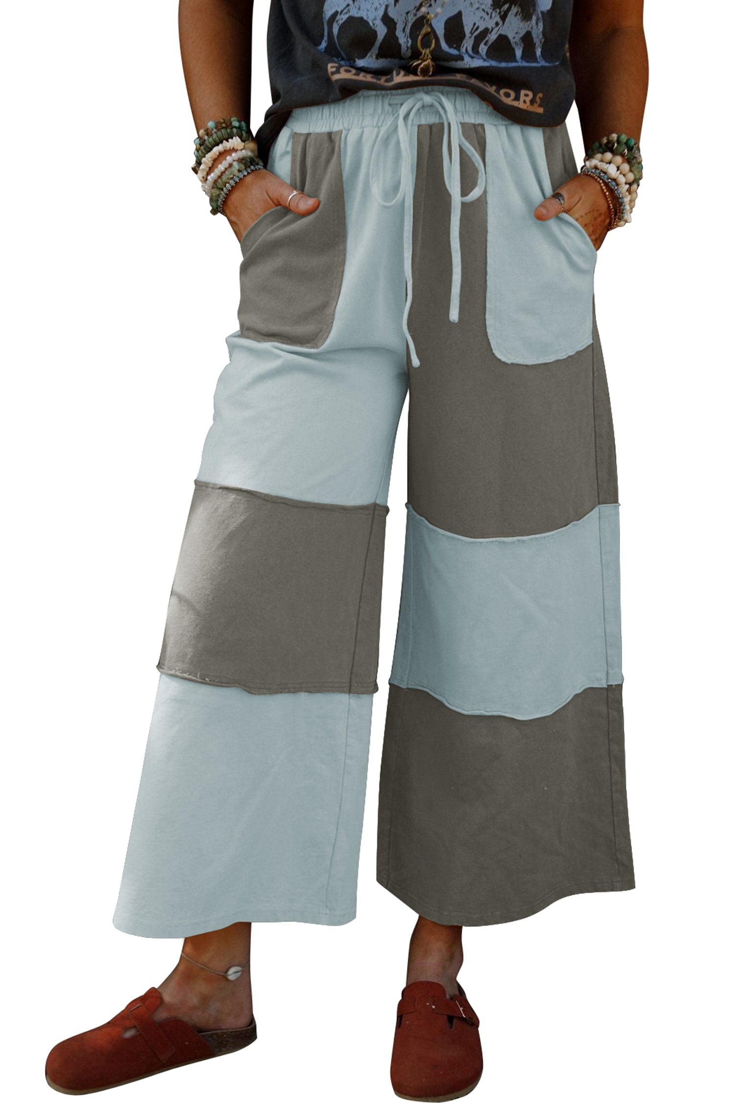 Russet Orange Raw Seam Colorblock Wide Leg Ankle Length Casual Pants