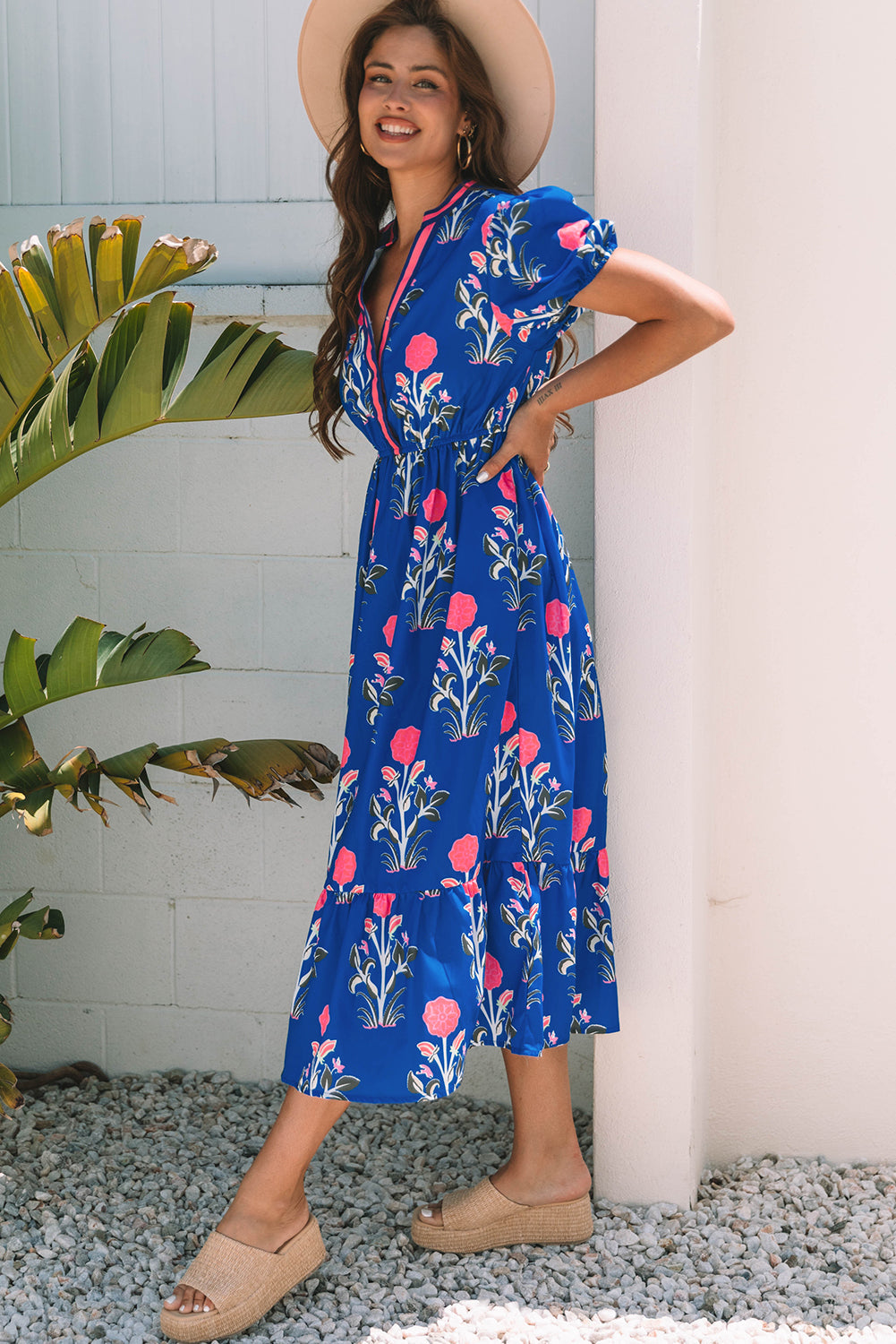 Floral Puff Sleeve V-Neck Maxi Dress