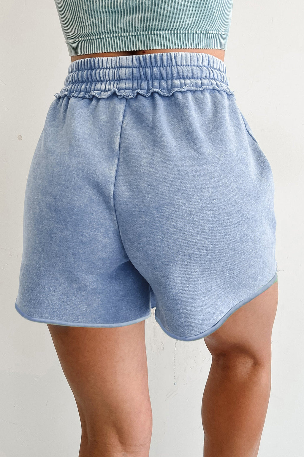 Mineral Wash Drawstring Elastic Waist Raw Cut Shorts