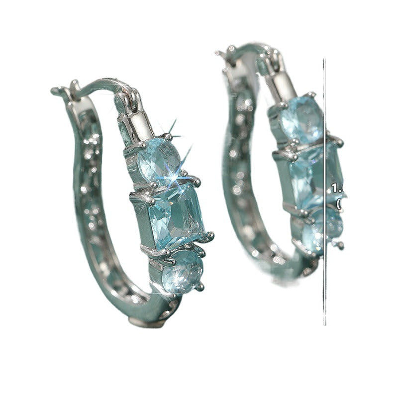 Elegant Blue Square Crystal Hoop Earrings Silver Tone Brass Women Wedding Party Fashion Jewelry Gift