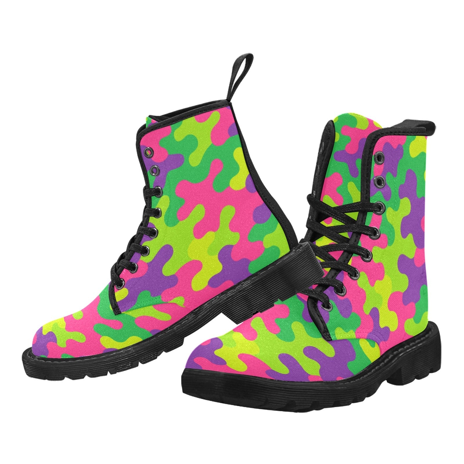 Pair of women's neon rainbow camouflage lace-up combat boots with black laces and durable black rubber soles.