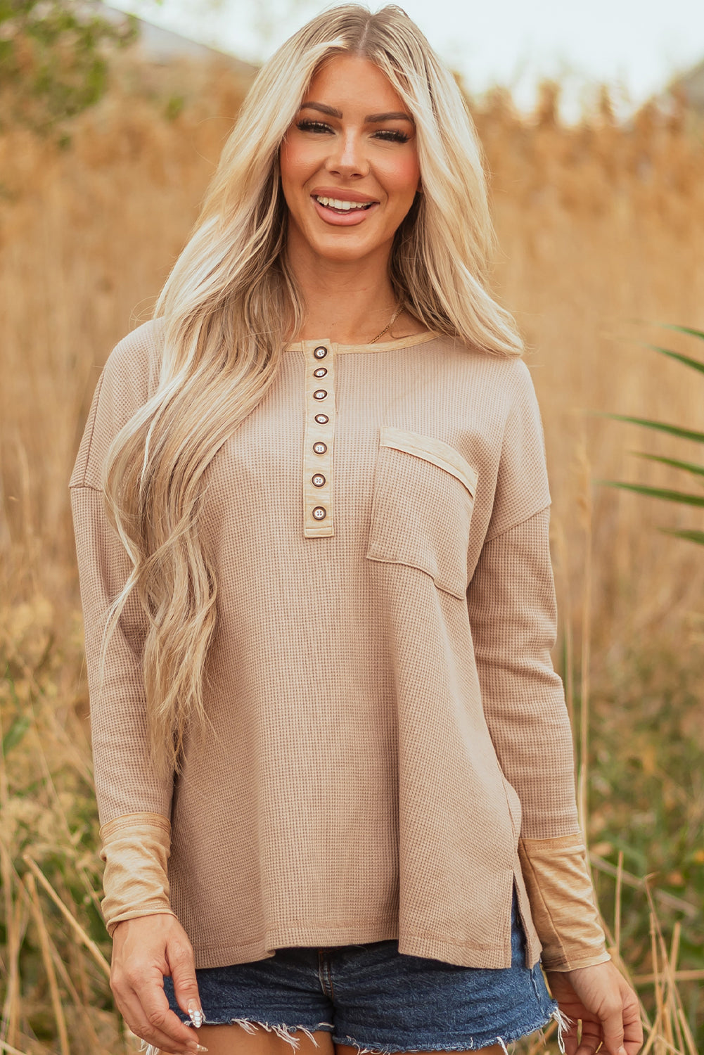 Colorblock Waffle Textured Henley Top