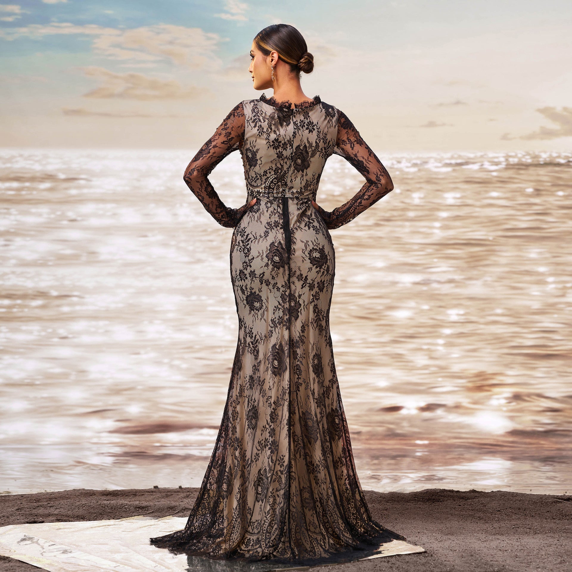 Black Long Sleeve Gauze Fishtail Evening Dress with Sequin Detail