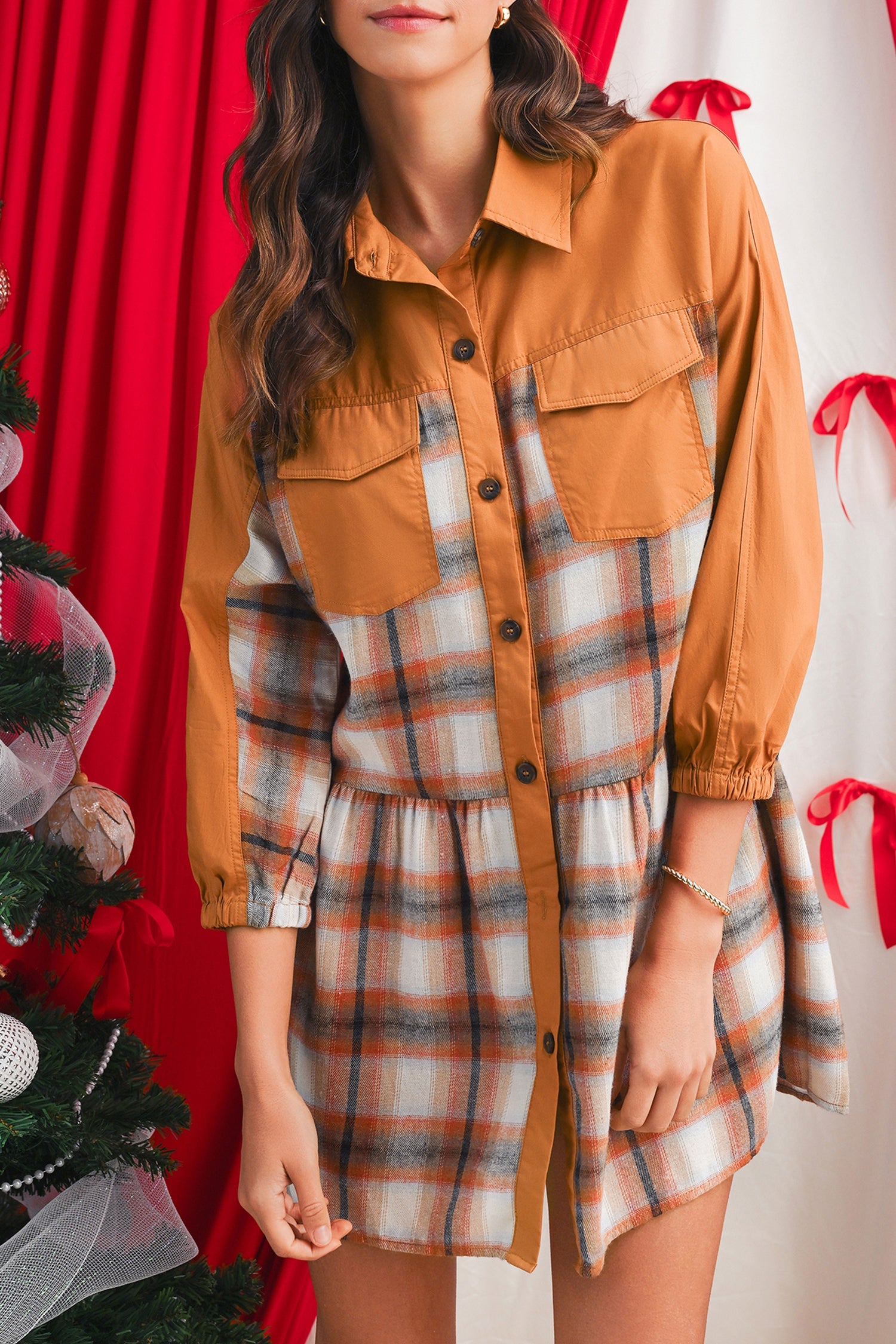 Khaki Plaid Colorblock Patchwork Ruffle Hem Tunic Shirt Dress