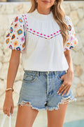 White Geometric Embroidered Smocked Neck Puff Sleeve Top