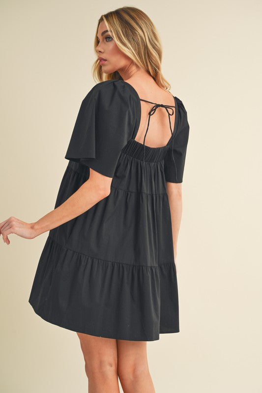 Square Neck Half Sleeve Tiered Summer Dress with Ruched Details