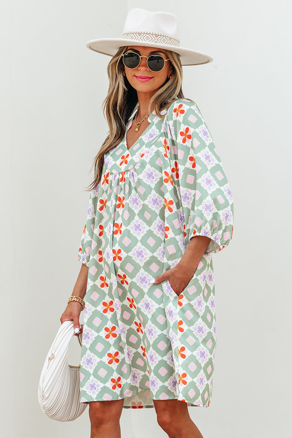 Reagan Floral Print 3/4 Sleeve Notched Neck Mini Dress
