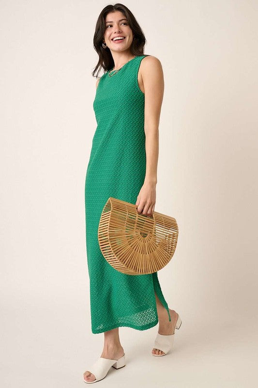 Sleeveless Round Neck Side Slit Knit Dress in Green