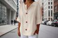Women's V-Neck Cotton Linen Blouse with Button Front