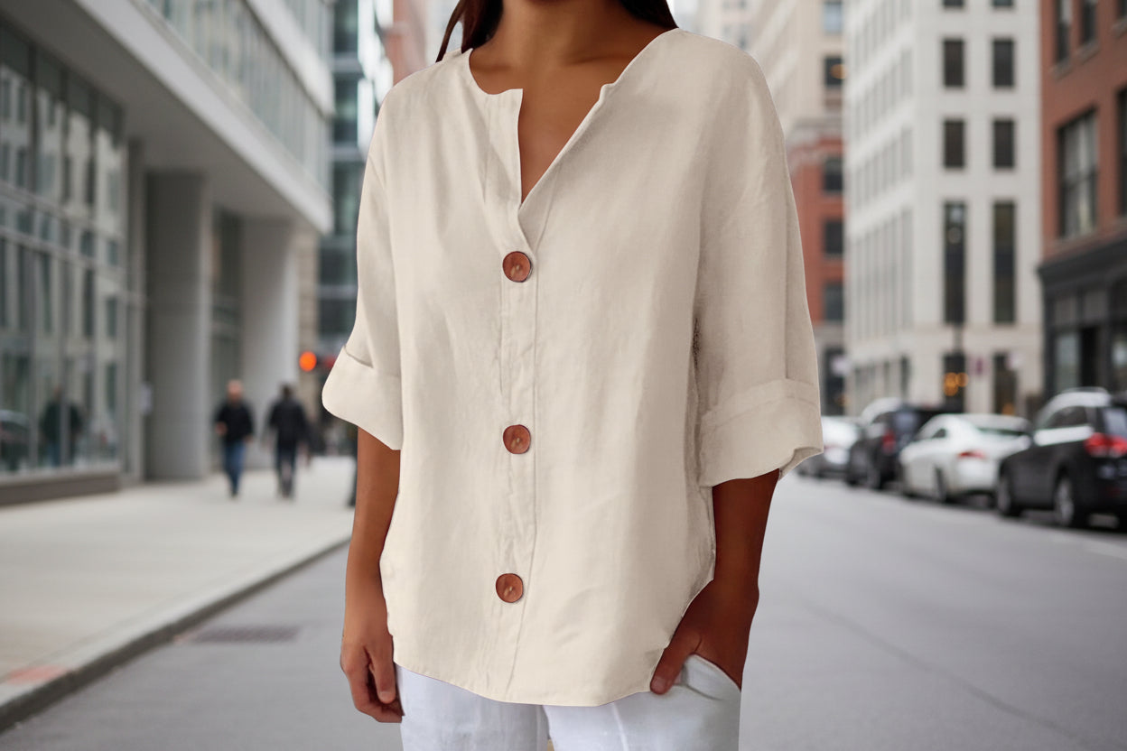Women's V-Neck Cotton Linen Blouse with Button Front