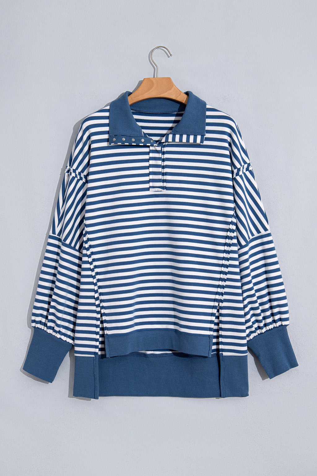 Stripe Colorblock Trim Raw Seam Split Hem Sweatshirt