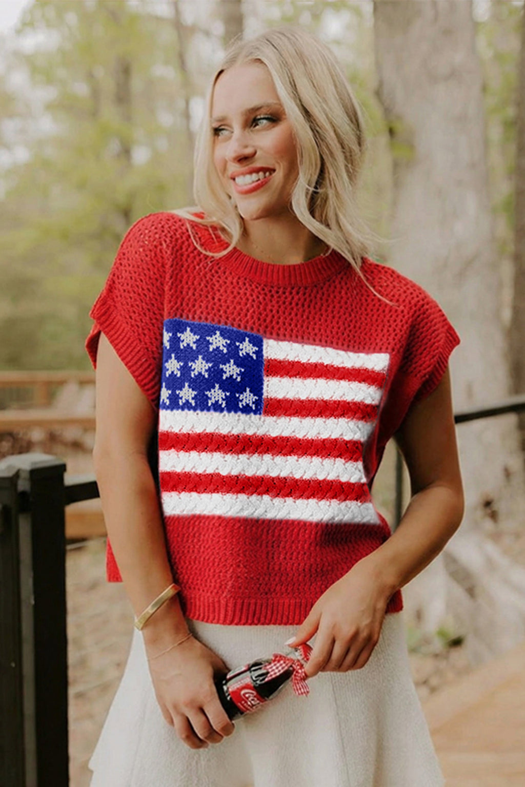 USA Flag Crochet Short Sleeve Sweater Top