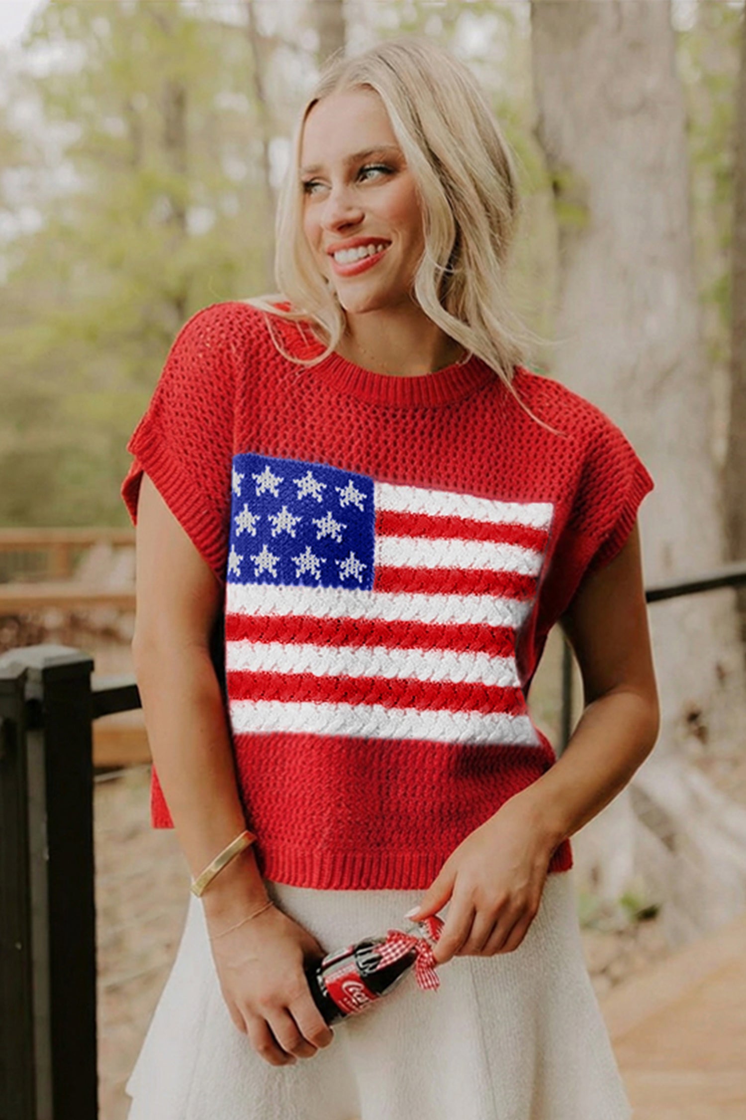 USA Flag Crochet Short Sleeve Sweater Top