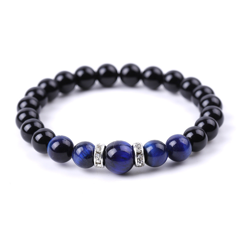 Tiger's Eye and Black Stone Micro-Inlaid Diamond Bead Bracelet