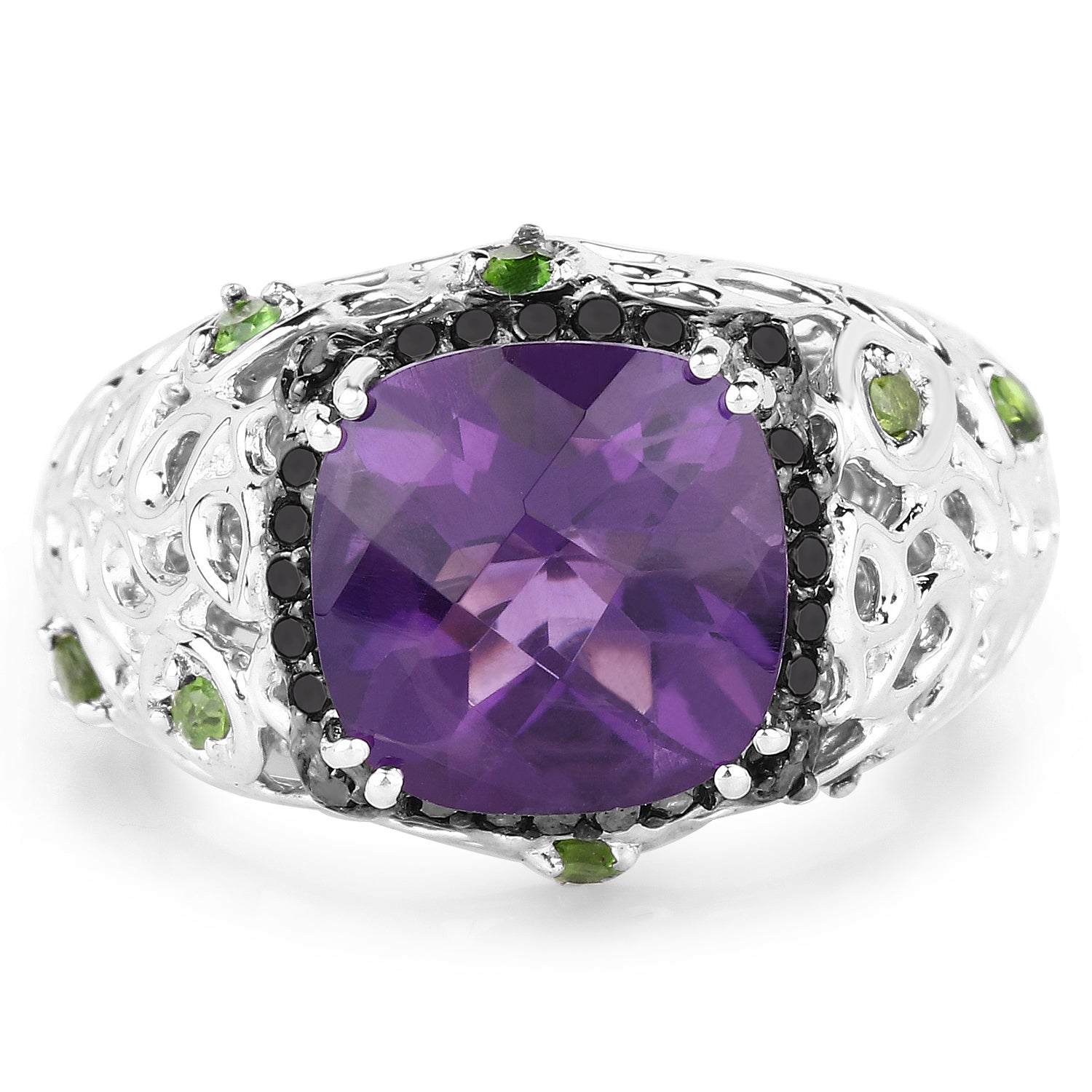 3.27 Carat Genuine Amethyst, Chrome Diopside & Black Diamond .925 Sterling Silver Ring