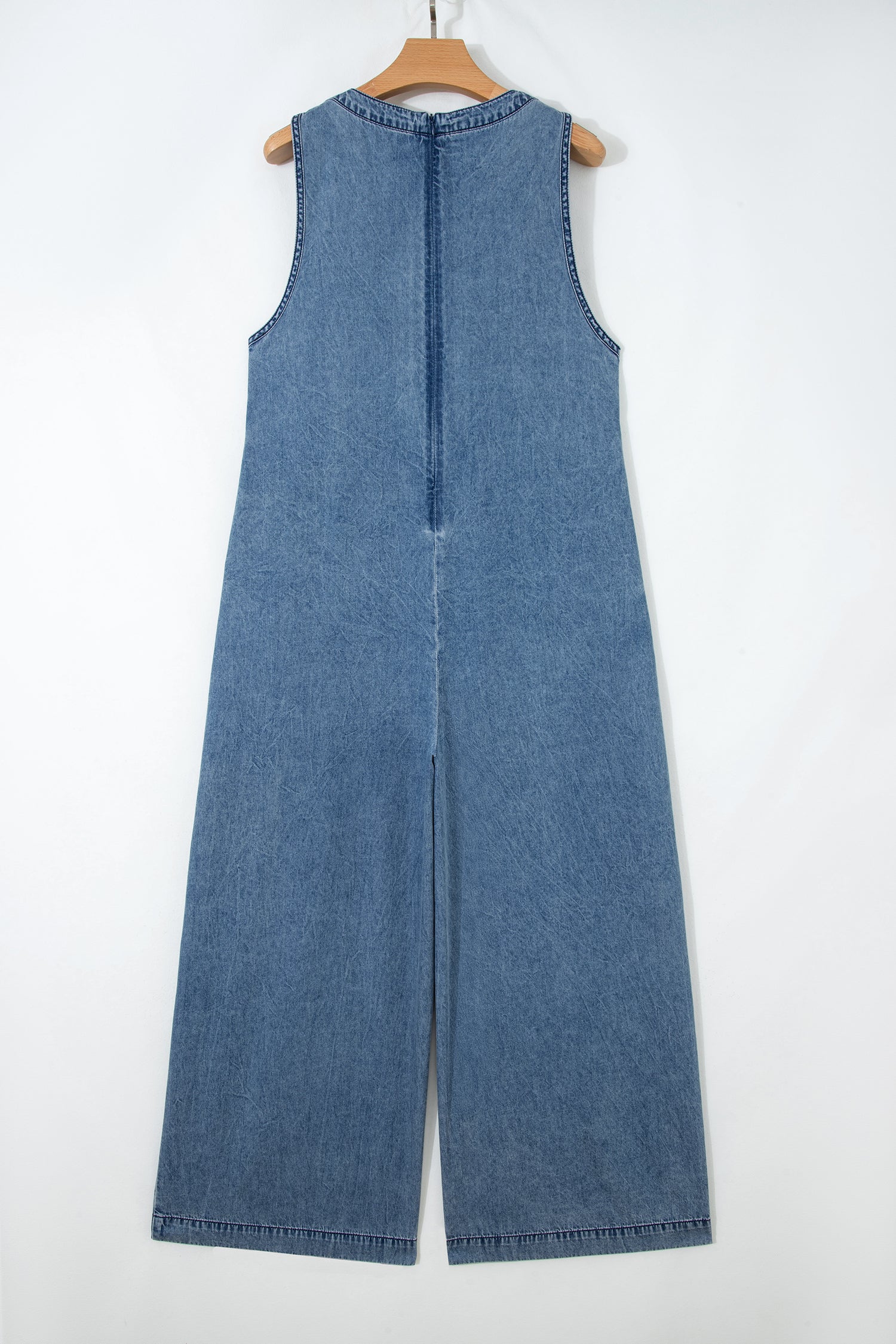 Acid Wash Denim Pleated V-Neck Jumpsuit - Relaxed Wide-Leg Fit