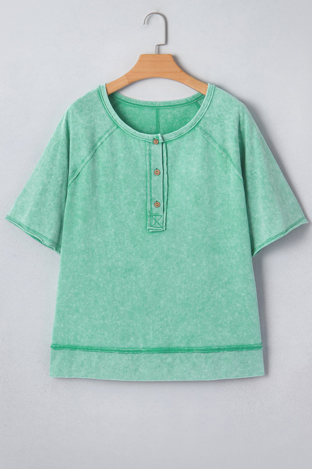 Half-Button Raw Seam Raglan Sleeve T-Shirt
