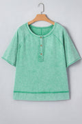 Half-Button Raw Seam Raglan Sleeve T-Shirt