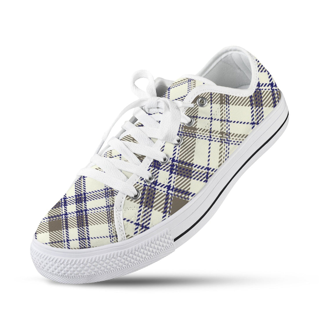 Pair of Women's Collegiate Plaid Low Top Canvas Sneakers with white laces and soles, featuring blue and brown plaid pattern on a cream background.