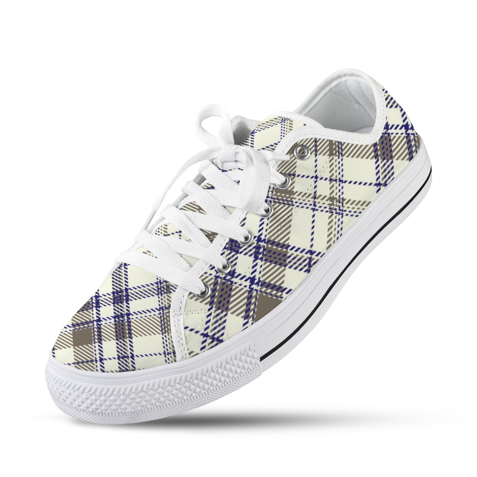 Pair of Women's Collegiate Plaid Low Top Canvas Sneakers with white laces and soles, featuring blue and brown plaid pattern on a cream background.