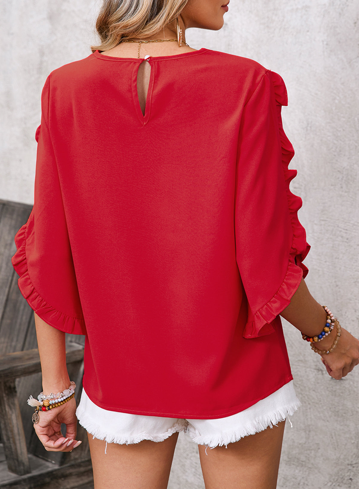 Black Frill Trim Plain Tulip Sleeve Blouse