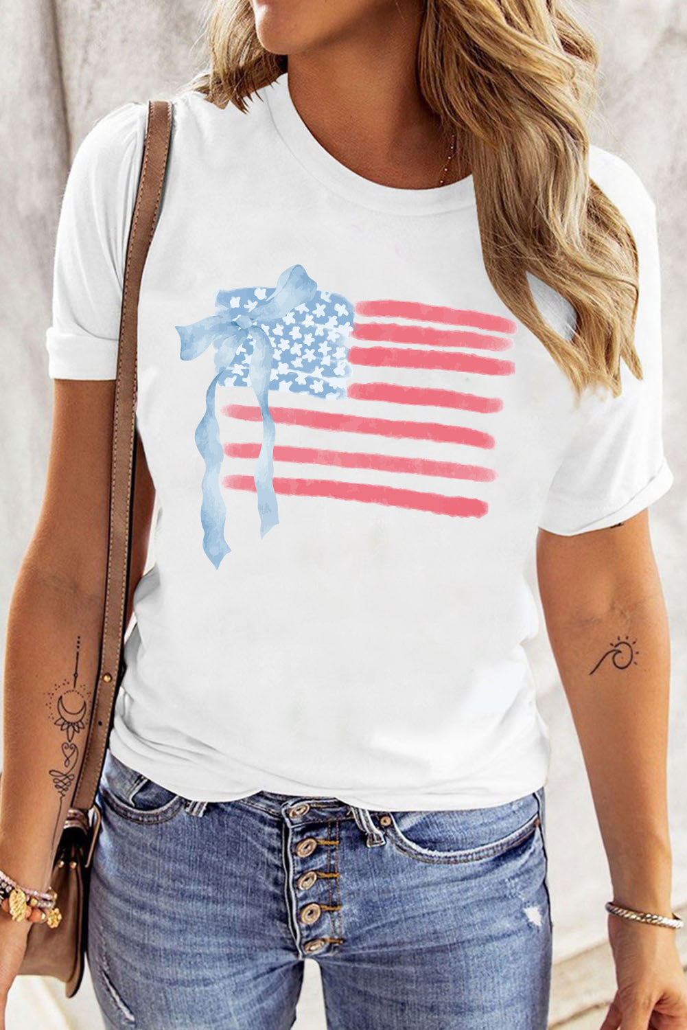 White American Flag Bow Knot Print Crew Neck Casual T-Shirt
