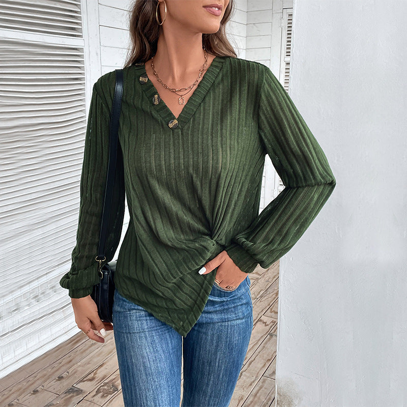Women's V-Neck Long-Sleeve Knit Sweater in Olive Green