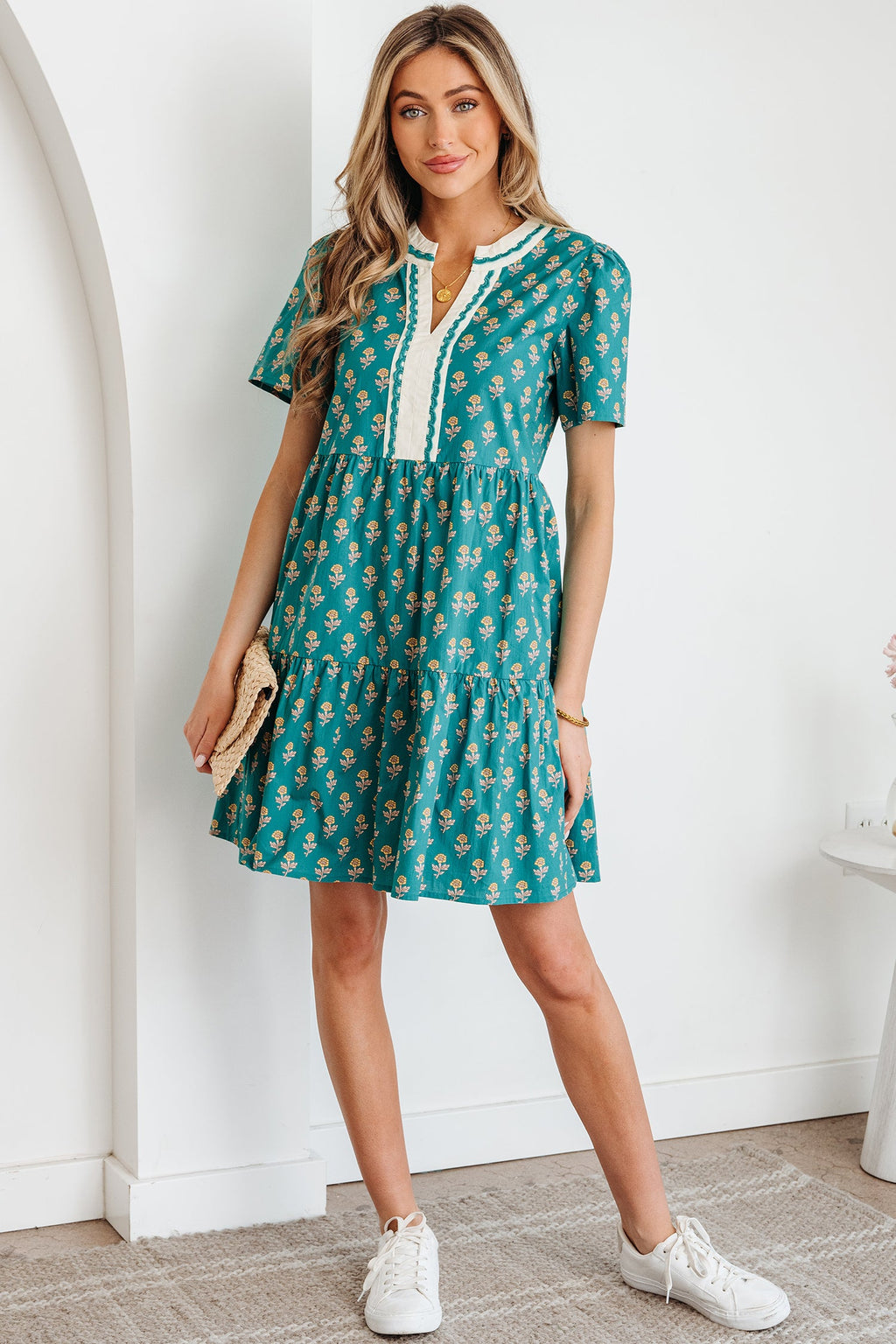 Clover Short Sleeve Floral V-Neck Dress with Contrast Trim