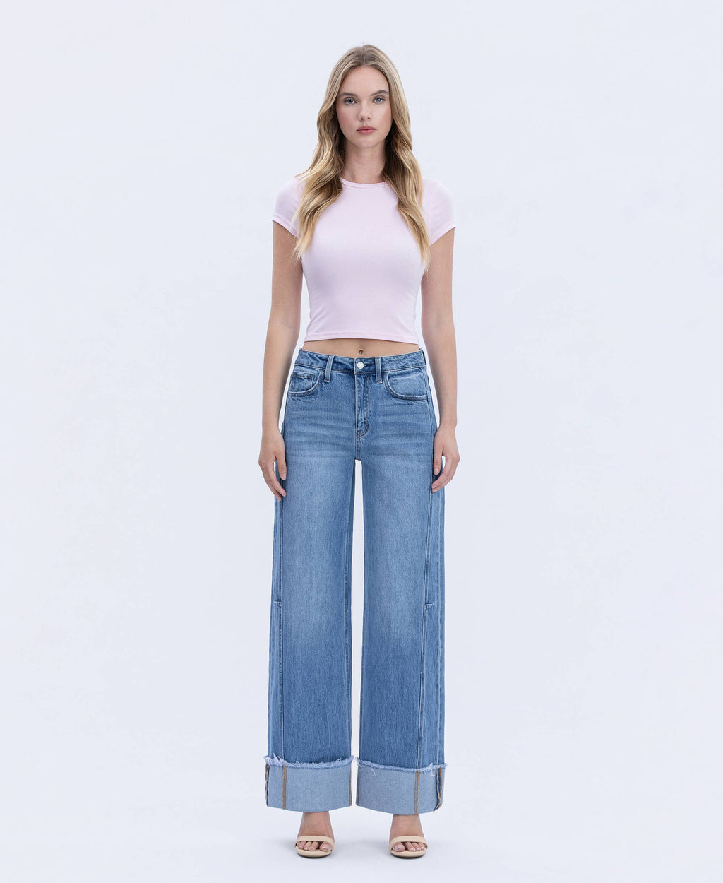 Mia High Rise Cuffed Wide Leg Jeans in Medium Wash Blue Denim