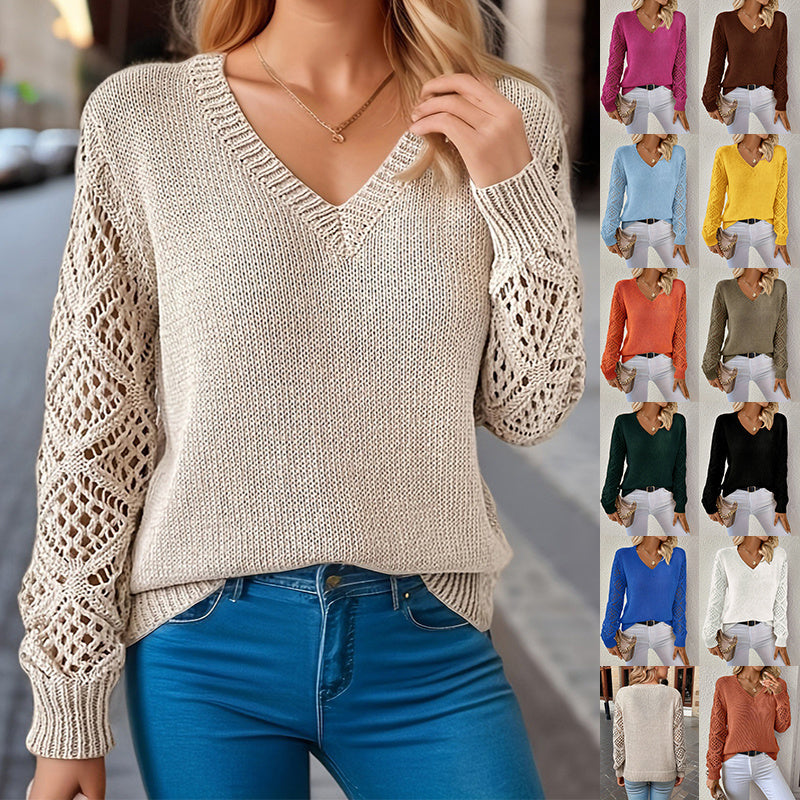 Loose Hollow Knitted Sweater Women’s Long-Sleeve V-Neck Pullover
